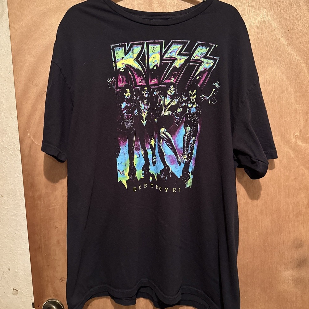 Unisex Kiss Destroyer Album Neon Fluorescent  Black Cotton Concert Tee Shirt 2XL